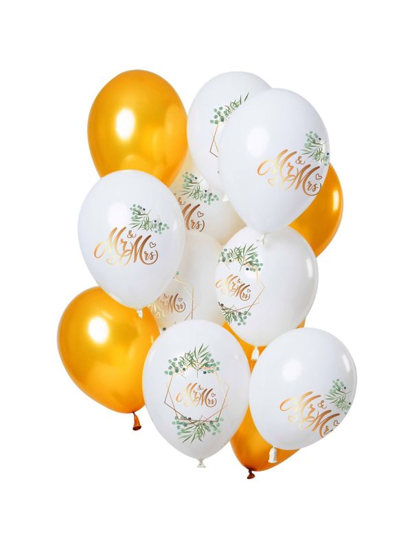 12 Ballonnen Bruiloft Mr & Mrs Goudkleurig 30cm