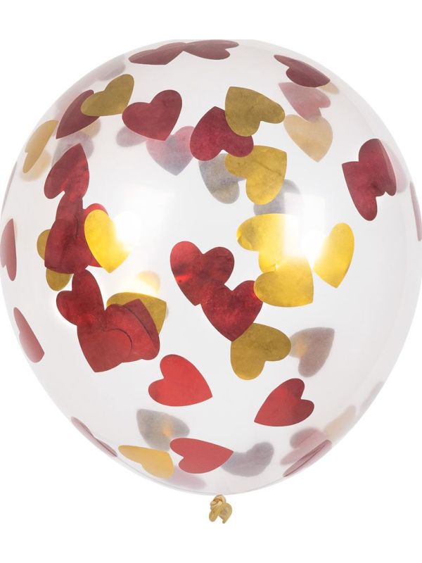 5 Confettiballonnen met Hartjes In Rood en Goud