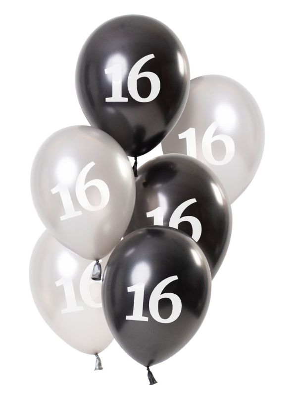 6 Ballonnen Glossy Black 16 Jaar 23cm