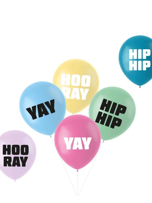6 Ballonnen Pastel 'Hip Hip Hooray' Meerkleurig 33cm