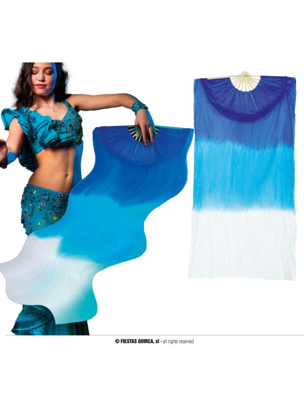 Aziatische Handwaaier Buikdanseres Blauw Wit 60X140cm