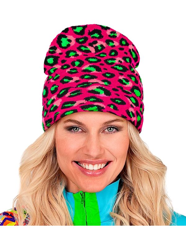 Beanie Carnaval Muts Neon Roze Panterprint Dames Mannen