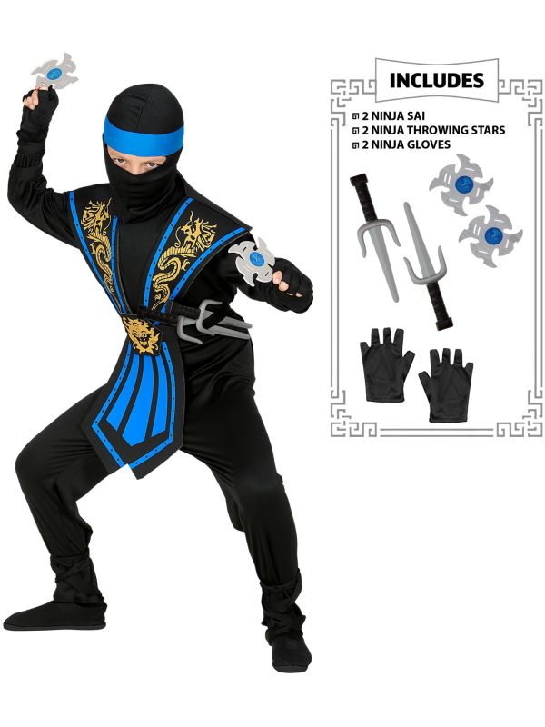 Blauw Ninja Kind Kostuum met Wapen Set