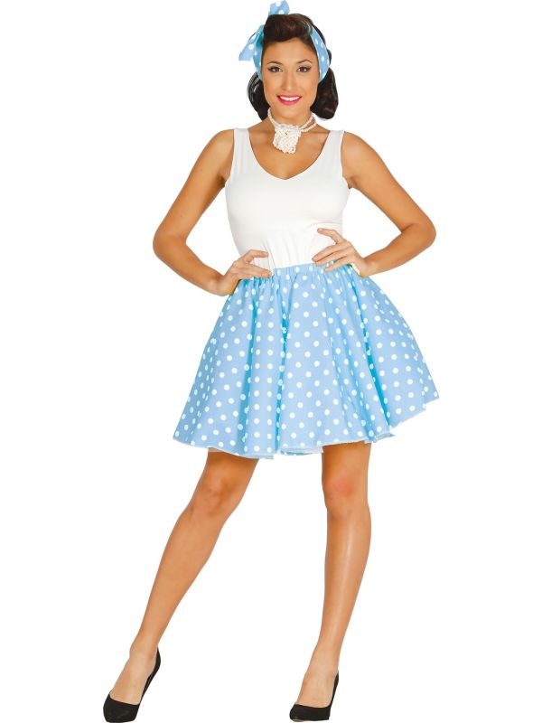 Blauw Witte Retro 50's Polkadot Rok met Hoofdsjaal Dames