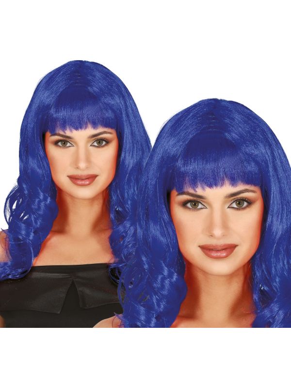 Blauwe Dames Pruik Lang Krullend met Pony
