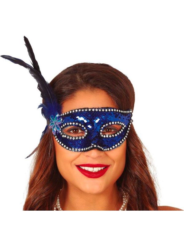 Blauwe Pailletten Oogmasker met Veren
