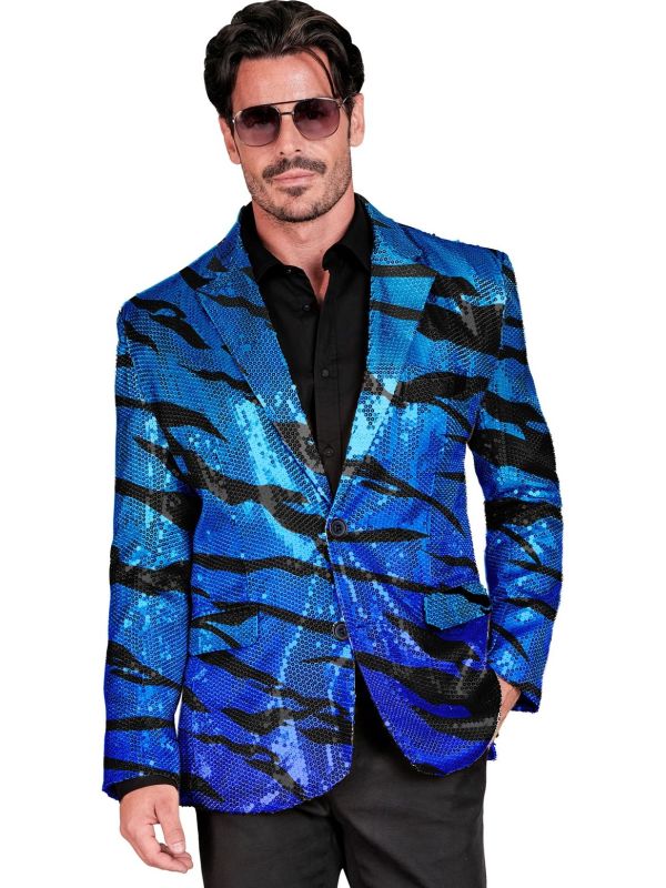 Blauwe Tijgerprint Pailletten Colbert Heren