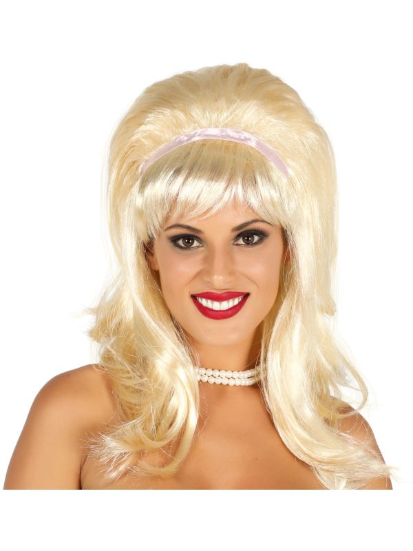 Blonde Dolly Pruik met Roze Lint