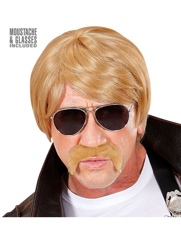 Blonde Pruik met Snor en Bril