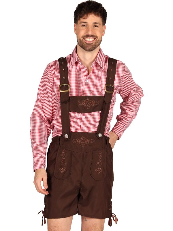 Bruin Lederhose Kostuum Heren met Rood Witte Blouse Oktoberfest