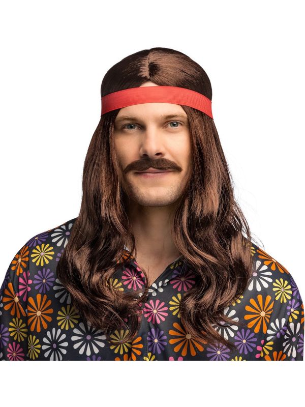 Bruine 70s Hippie Pruik met Snor en Haarband Heren