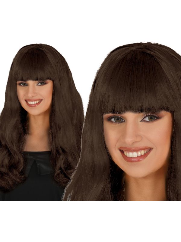 Bruine Dames Pruik Lang Krullend met Pony