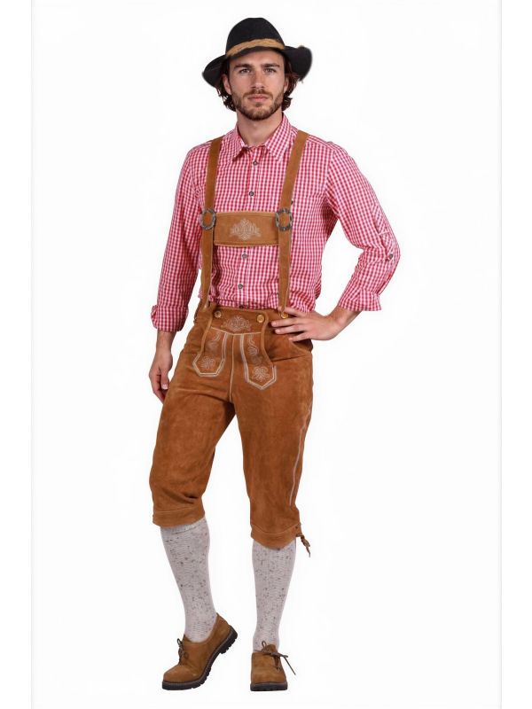 Bruine Leren Oktoberfest Lederhose met Bretels voor Heren
