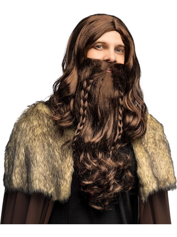 Bruine Viking Pruik met Baard Heren
