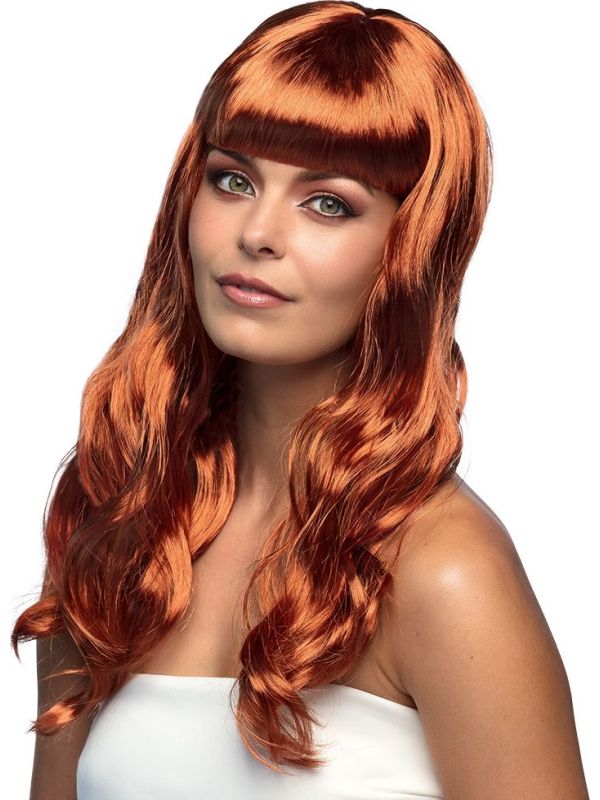 Chique Lange Pruik Koper Bruin