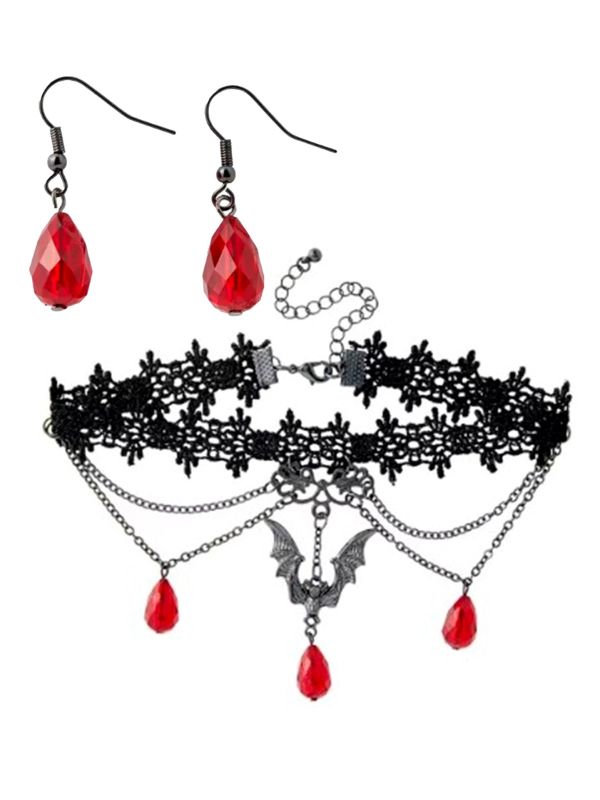 Choker Vleermuis Zwart met Edelstenen Oorbellen Rood