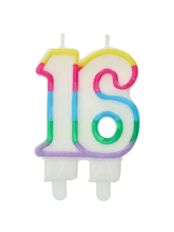 Cijfer 16 Taartkaars Kleurrijk 7,5x6cm