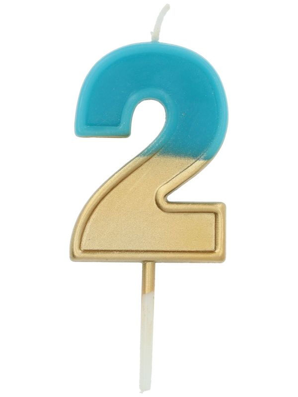 Cijfer 2 Taartkaars Retro Goud/Blauw 5 cm
