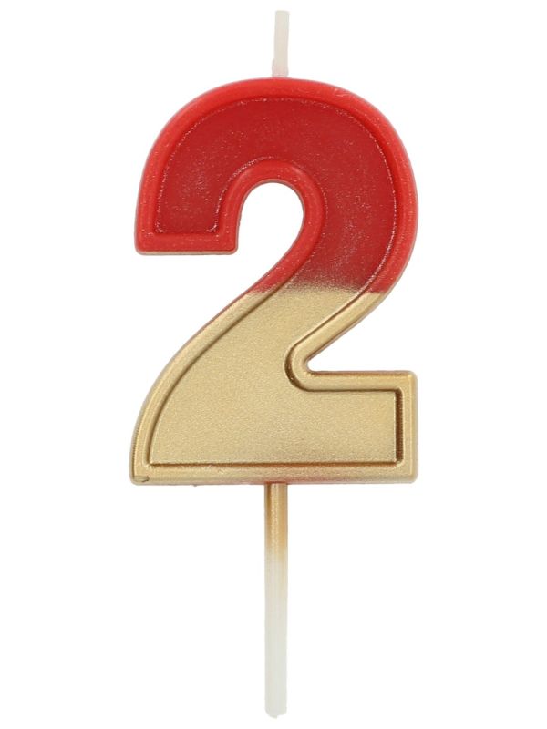 Cijfer 2 Taartkaars Retro Goud/Rood 5 cm