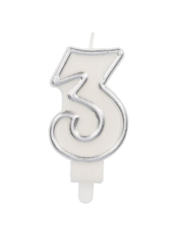 Cijfer 3 Taartkaars Chic Zilver 9 cm