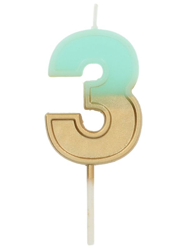 Cijfer 3 Taartkaars Retro Goud/Lichtblauw 5 cm