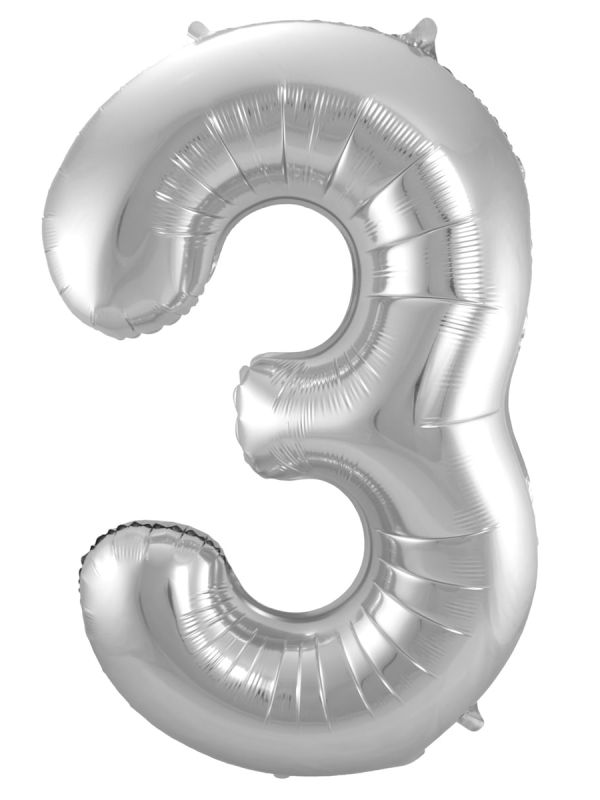 Cijfer 3 Zilveren Folieballon 86cm