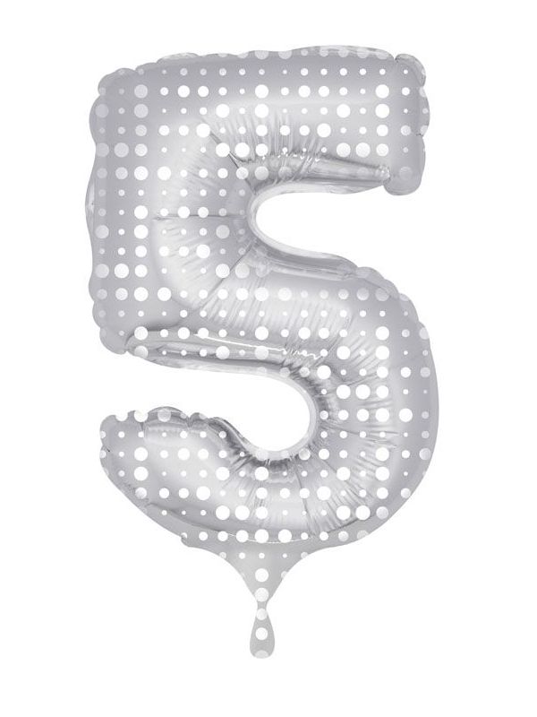 Cijfer 5 Folieballon Zilver met Witte Stippen