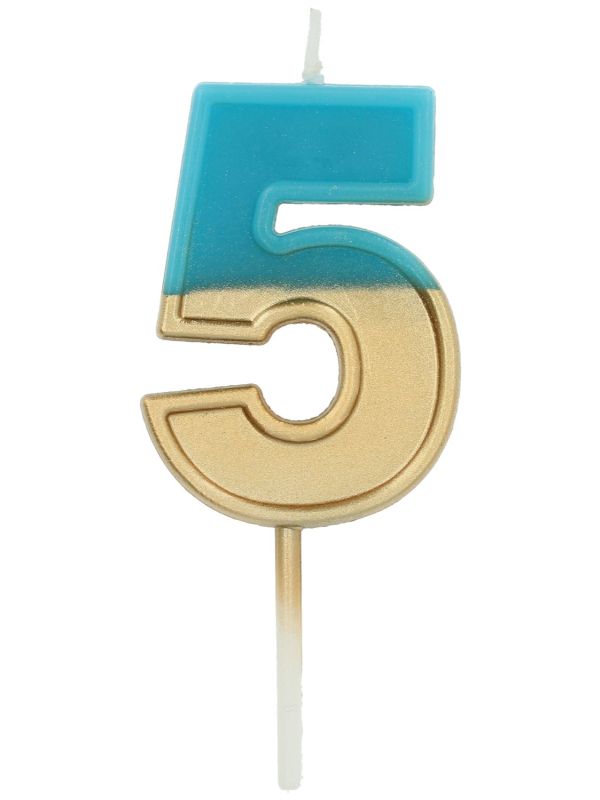 Cijfer 5 Taartkaars Retro Goud/Blauw 5 cm