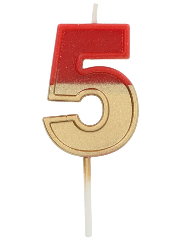 Cijfer 5 Taartkaars Retro Goud/Rood 5 cm