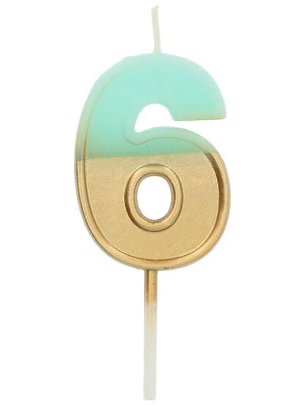 Cijfer 6 Taartkaars Retro Goud/Lichtblauw 5 cm
