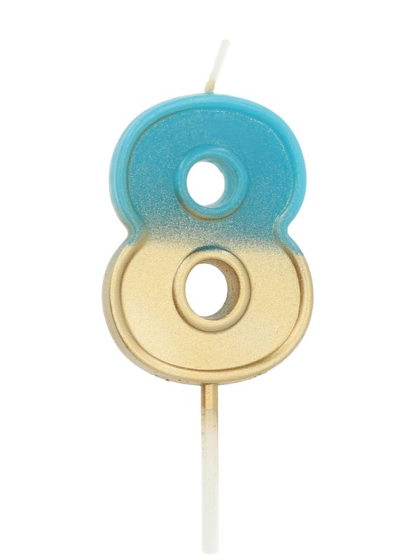 Cijfer 8 Taartkaars Retro Goud/Blauw 5 cm
