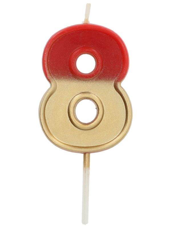 Cijfer 8 Taartkaars Retro Goud/Rood 5 cm
