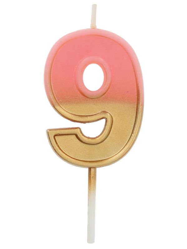 Cijfer 9 Taartkaars Retro Goud/Roze 5 cm