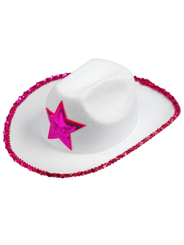 Cowgirl Feesthoed Wit met Roze Ster