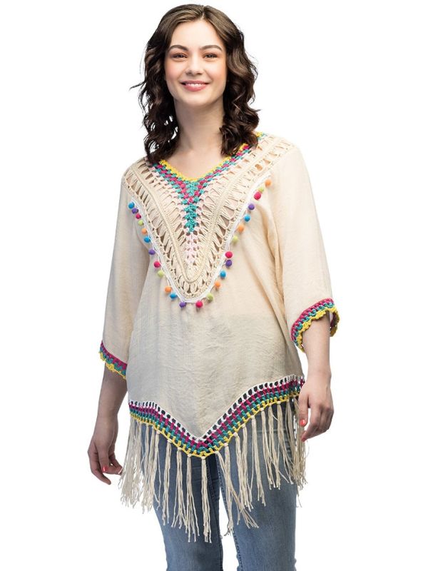 Creme Hippie Tuniek Dames met Pompon Franjes