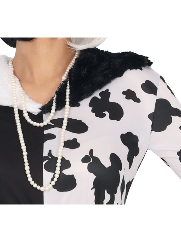 Zwart Wit Stippen Jurk Carnaval Cruella Deville Kostuum Dames - Zwart-witte Jurk Met Dalmatiërs Vlekken, Inclusief Pruik En Accessoires - Voor Halloween, Carnaval Pruik En Accessoires Set
