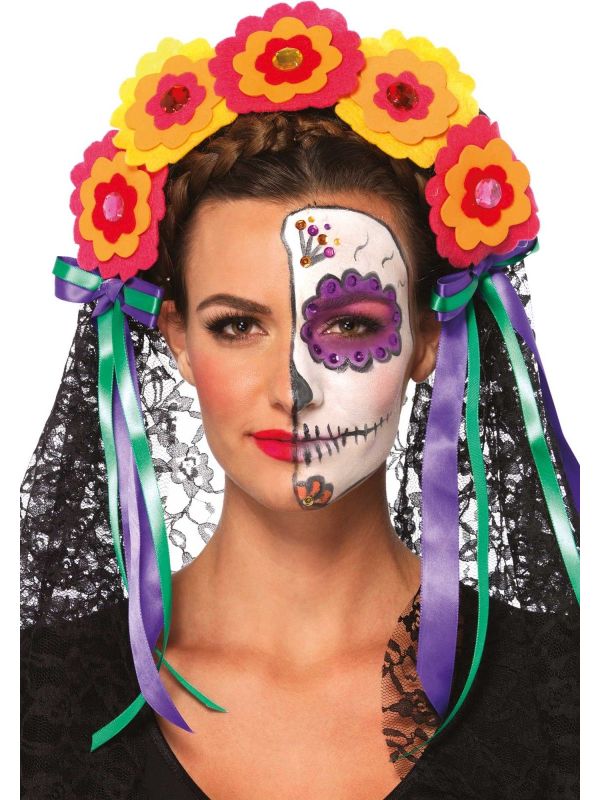 Day Of The Dead Haarband met Sluier en Bloemen
