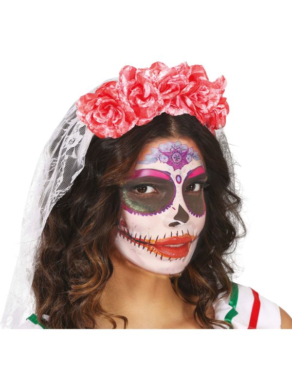 Dia De Los Muertos Hoofdband met Rozen en Sluier