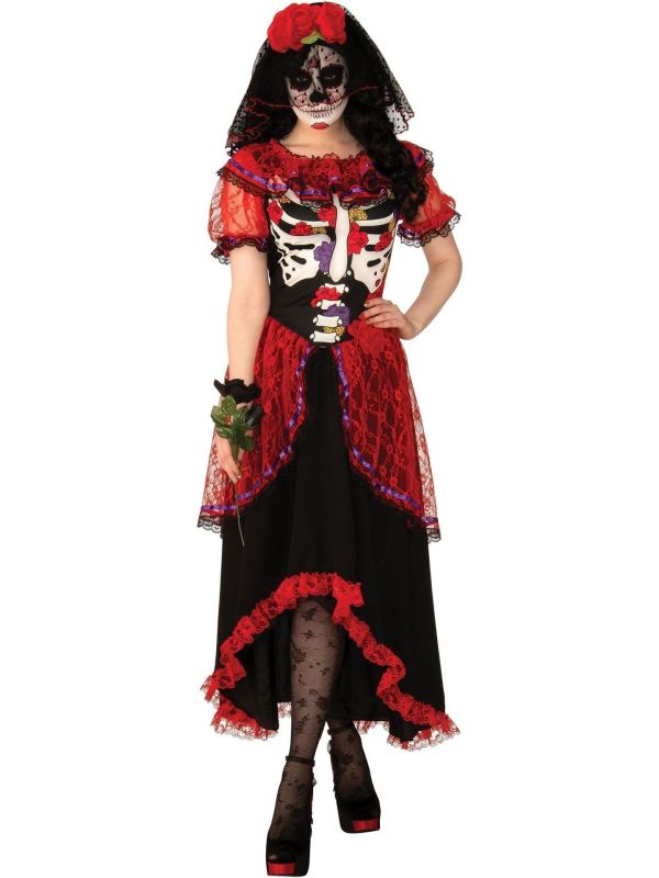 Día de Los Muertos Jurk Dames Rood Zwart