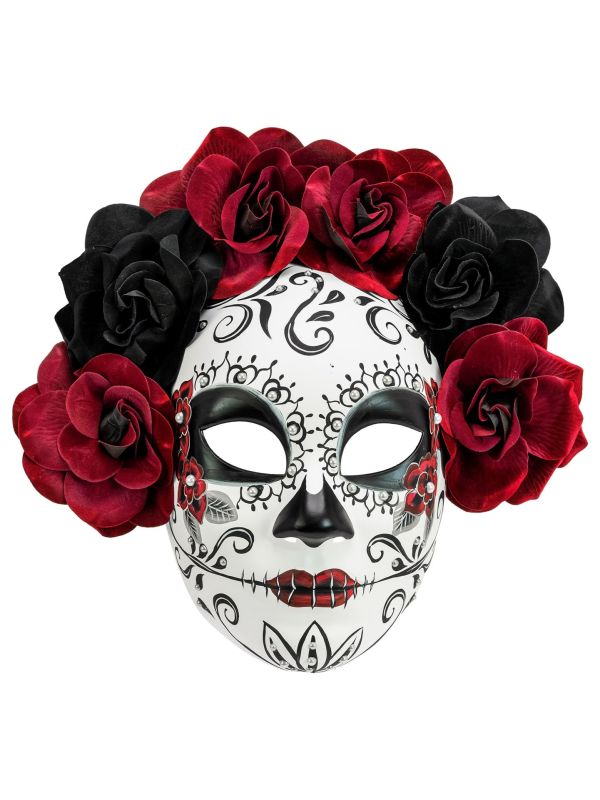 Dia De Los Muertos Masker met Zwarte en Rode Rozen