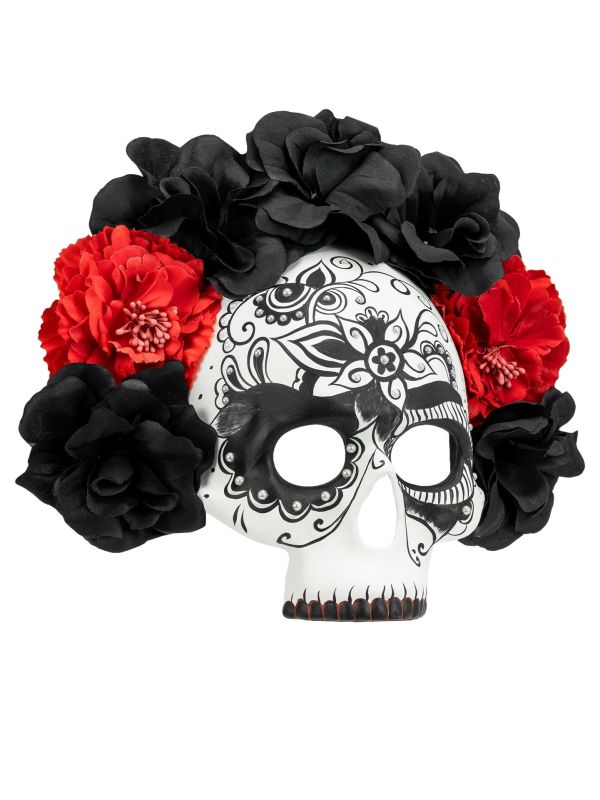 Dia De Los Muertos Schedel Masker met Bloemen Zwart Rood