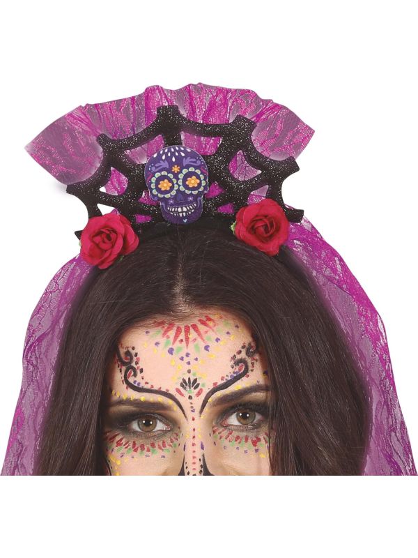 Dia De Los Muertos Tiara met Sluier Paars