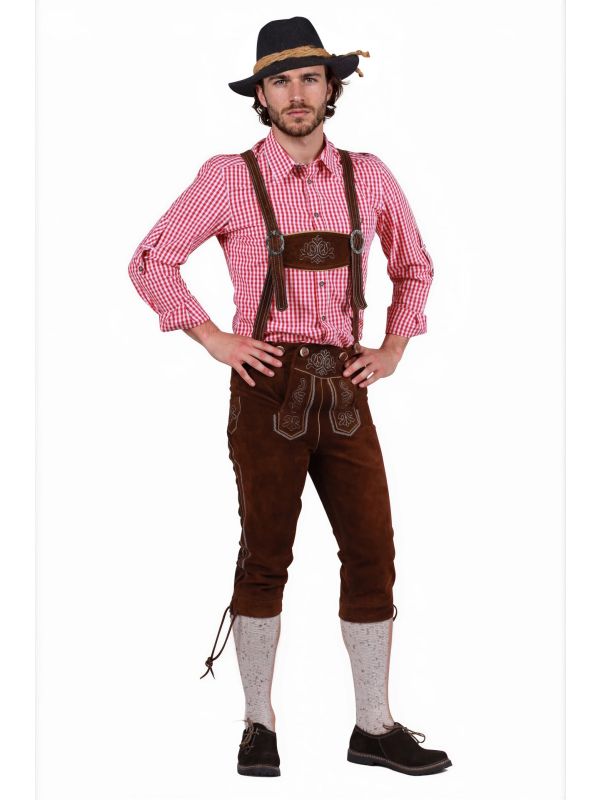 Donkerbruine Leren Oktoberfest Lederhose met Bretels voor Heren