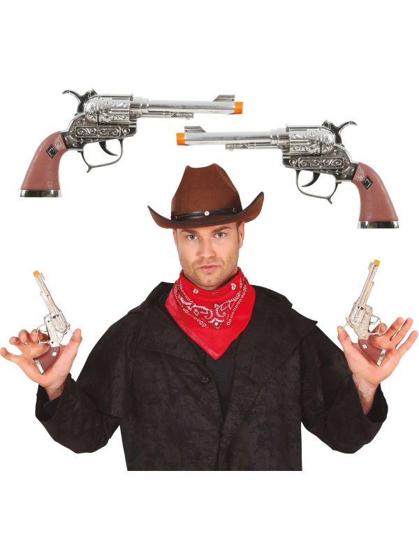 Dubbele Zilveren Cowboy Revolvers 25cm