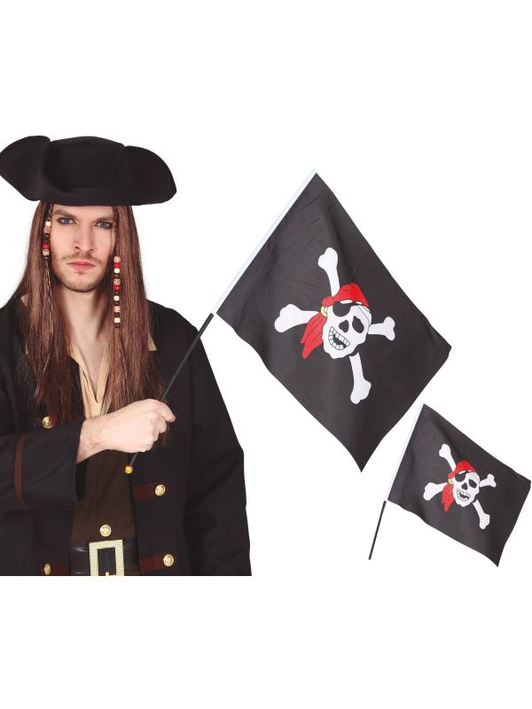 Feestelijke Piratenvlag met Stok Zwart 45X30cm