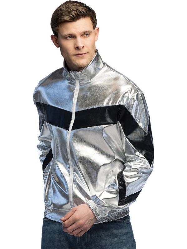 Fout Zilver Metallic Retro Trainingsjasje Heren Met Zwarte Strepen