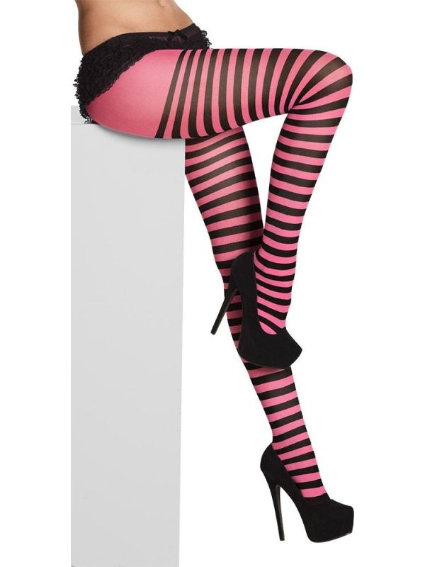 Gestreepte Panty Dames Neon Roze Zwart