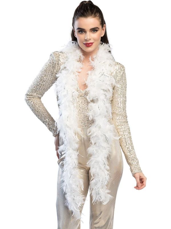 Glamour Witte Veren Boa met Zilver