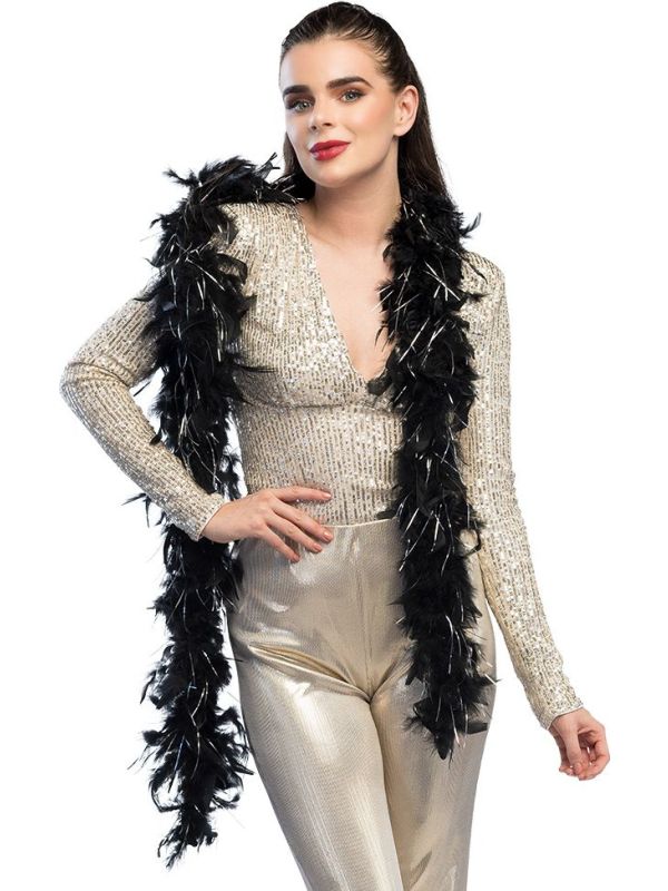 Glamour Zwarte Veren Boa met Zilver