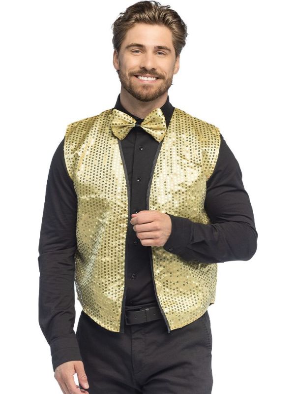 Goud Glitter Kostuumset Heren Met Gilet En Vlinderstrik